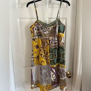 Cabo mini dress,size 8,spaghetti strap, color block,colorful,floral, beaded